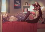  2018 absurd_res after_sex anthro anthro_on_anthro arm_support barley_(elijah-draws) bed bedroom_eyes bodily_fluids breasts canid canine canis conditional_dnp cum cum_on_pussy detailed_background digital_media_(artwork) domestic_dog duo elijah-draws erection female furniture genital_fluids genitals hi_res inside lamp leaning_on_elbow light lighting looking_at_another lying male male/female mammal narrowed_eyes nipples nude on_bed on_side penis pillow pink_penis seductive shaded sitting smile window 