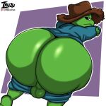  1:1 absurd_res amphibian anthro ass_up balls big_butt butt clothed clothing everhood frog frog_(everhood) genitals hat headgear headwear hi_res inuzu looking_back male obese overweight pants_down partially_clothed solo straw_hat thick_thighs 