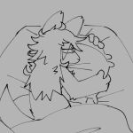  1:1 ambiguous_gender anthro bed bedding blanket canid canine chipped_ear fox furniture hair hugging_pillow long_hair mammal messy monochrome on_bed sog_(squishy) solo squishy_(artist) under_covers 