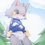  1:1 animal_crossing anthro black_nose blue_clothing blue_sweater blue_topwear blush bodily_fluids briefs bulge canid canine canis cheek_tuft clothed clothing clothing_pull cloud day detailed_background disembodied_hand duo evergreen_tree facial_tuft fang_(animal_crossing) fluffy fluffy_tail flustered front_view fur grey_body grey_ears grey_eyes grey_fur grey_tail head_tuft humanoid_hands kemono low-angle_view male mammal monotone_briefs monotone_clothing monotone_ears monotone_underwear multicolored_body multicolored_fur navel nintendo open_mouth outside pine_tree pink_inner_ear plant portrait sky snout solo_focus standing sweat sweatdrop sweater tabezakari three-quarter_portrait tighty_whities topwear tree tuft two_tone_body two_tone_fur two_tone_tail underwear underwear_pull video_games white_briefs white_clothing white_underwear wolf yellow_sclera 