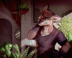  anthro brown_body brown_fur canid canine clothed clothing fox fur grown hand_on_neck inside jokuvainart leaf male mammal multicolored_body multicolored_fur plant shirt solo topwear 