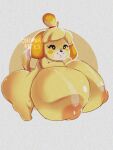  3:4 animal_crossing anthro big_breasts blonde_hair breasts canid canine canis coelhinha_artes domestic_dog female hair huge_breasts hyper hyper_breasts isabelle_(animal_crossing) mammal nintendo nipples nude simple_background solo video_games white_background yellow_body 