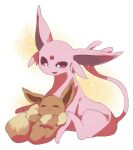  2016 3_toes black_sclera blush brown_body brown_fur daww duo eevee eeveelution espeon eyes_closed feet feral fluffy fur nintendo open_mouth open_smile pawpads pink_body pink_fur pok&eacute;mon pok&eacute;mon_(species) purple_eyes simple_background sitting size_difference smile stomachless toes tuft video_games white_background 