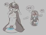  2019 anthro blush bodily_fluids breasts cute_fangs dialogue embarrassed english_text eyewear eyewear_only felid female female/female genital_fluids genitals glasses glasses_only grey_background hair lagomorph leporid lion looking_up mammal mewmus nude one_eye_closed opal_magnafia pantherine pussy pussy_juice rabbit rose_pantilion simple_background smile text trans_(lore) trans_woman_(lore) unseen_character voodoo voodoo_doll voodoo_masturbation 