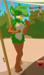  2021 anthro avian beak blue_eyes breasts dialogue english_text featureless_breasts female furby_(species) green_body green_hair hair hi_res looking_at_viewer mewmus navel nude solo standing text 