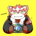  2021 absurd_res ailurid anthro biped blush brown_body camera clothing cute_fangs hi_res kazumi88888 kemono lifewonders mammal red_body red_panda shirt simple_background solo tokyo_afterschool_summoners topwear video_games yellow_background zhurong_(tas) 