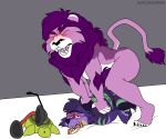 6:5 agneel_(character) anthro canid canine canis dantem_(character) duo esacosaverde felid fur green_stripes lion male male/male mammal pantherine purple_body purple_fur stripes wolf 