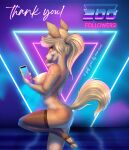  absurd_res anthro blonde_hair canid canine cellphone clothing female fur graphicdemon hair hi_res legwear mammal memonius nipples phone pinup pose shy solo stockings synthwave yellow_body yellow_fur yiff_zone 