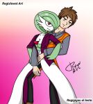  2021 brown_hair clothing duo embrace female gardevoir green_hair hair hi_res hug hugging_from_behind human humanoid jojo_pose male mammal nintendo pink_background pok&eacute;mon pok&eacute;mon_(species) red_eyes regislowstart signature simple_background video_games 