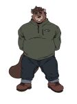 2021 absurd_res anthro bearwivme beaver biped bottomwear brown_nose clothing eyes_closed hi_res male mammal overweight overweight_male pants rodent shirt simple_background solo topwear white_background 
