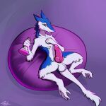  1:1 abstract_background animal_genitalia animal_penis anthro balls bean_bag blue_body blue_fur canine_penis erection fluffy fluffy_tail fur genitals hand_on_chest hi_res knot lodi male nude penis potion sergal solo tongue tongue_out white_body 