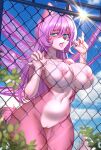  absurd_res ahoge anthro big_breasts blue_eyes breasts canid canine canis digital_media_(artwork) female fence fur genitals hair hi_res long_hair looking_at_viewer mammal mariah_veiethe nails navel nipples nitricacid nude open_mouth pink_body pink_fur purple_hair pussy solo tongue tongue_out wings 