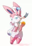  ambiguous_gender blue_eyes bow_ribbon butt eeveelution hand_on_butt hi_res holding_object lkiws looking_at_viewer looking_back looking_back_at_viewer multicolored_body nintendo orb pink_body pink_tail pok&eacute;mon pok&eacute;mon_(species) pokemon_unite ribbons short_tail simple_background smile solo sylveon two_tone_body video_games white_body 