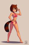  absurd_res anthro bikini breasts butt canid canine choker clothing enigma_(artist) female hair hi_res jewelry looking_at_viewer looking_back mammal necklace raccoon_dog rear_view short_hair side-tie_bikini smile solo standing swimwear tanuki 