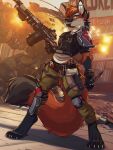  2021 ambiguous_gender anthro armor armwear black_body black_fur borderlands canid canine clothed clothing detailed_background ear_piercing el-ricado facial_piercing fingerless_gloves fluffy fluffy_tail fur gloves gun handwear hi_res holding_gun holding_knife holding_object holding_weapon jacket jax_(yeen.queen) knife looking_at_viewer looking_down looking_down_at_viewer low-angle_view machine_gun mammal maned_wolf multicolored_body multicolored_fur nonbinary_(lore) nose_piercing nose_ring orange_body orange_eyes orange_fur piercing ranged_weapon shoulder_guards smile solo standing topwear video_games weapon white_body white_fur 