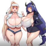  amber_eyes animal_humanoid areola areola_slip beauty_mark big_breasts blaccura black_horn blonde_hair blue_hair bovid bovid_humanoid bovine bovine_humanoid breasts cattle_humanoid clothed clothing collarbone duo female gesture hair hand_on_hip hat headgear headwear heart_tattoo hi_res holding_object holding_phone horn huge_breasts human humanoid light_body light_skin long_hair looking_at_viewer mammal mammal_humanoid moona-lissa nipple_outline phone purple_eyes simple_background skimpy smile smiling_at_viewer standing tail_tuft tuft unknown_character v_sign visor_cap white_background 