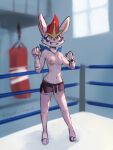  2021 3:4 anthro athletic athletic_female barefoot bottomwear breasts casual_exposure cinderace clothed clothing conditional_dnp detailed_background digital_media_(artwork) elijah-draws feet female fighting_ring fur hand_wraps hi_res hotpants inside light lighting looking_at_viewer navel nintendo nipples pok&eacute;mon pok&eacute;mon_(species) shaded shorts signature small_breasts solo standing tomboy topless video_games white_body white_fur window wraps 