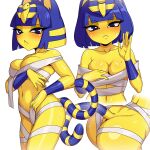  1:1 2021 absurd_res animal_crossing ankha_(animal_crossing) anthro arilopez550 blue_eyes blue_hair bodily_fluids breasts butt chest_wraps cleavage clothed clothing domestic_cat egyptian felid feline felis female front_view frown hair hi_res humanoid_hands looking_at_viewer mammal markings nintendo solo standing striped_markings striped_tail stripes sweat tail_markings video_games wraps yellow_body 