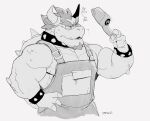  0rang3 2021 anthro beard biceps big_muscles bowser bracelet claws clothed clothing collar eyebrows facial_hair greyscale hair hand_on_hip hat headgear headwear hi_res holding_clothing holding_hat holding_headgear holding_headwear holding_object horn jewelry koopa male mario_bros monochrome muscular muscular_anthro muscular_male narrowed_eyes nintendo overalls pecs scalie shell simple_background solo spiked_bracelet spiked_collar spiked_shell spikes spikes_(anatomy) video_games white_background 