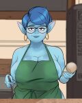  2021 absurd_res apron apron_only areola areola_slip big_ears blue_body blue_hair blue_skin breasts cleavage clothed clothing disney duppio elf eyewear female freckles front_view glasses green_apron hair half-length_portrait hi_res humanoid humanoid_pointy_ears i_mean_breast_milk laurel_lightfoot looking_at_viewer mature_female meme mostly_nude not_furry onward pixar portrait side_boob solo 