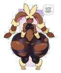  absurd_res anthro blackshirtboy blush bodily_fluids bottomwear butt butt_expansion clothing english_text expansion female flat_chested front_view growth hi_res huge_hips huge_thighs hyper hyper_hips hyper_thighs lagomorph leggings legwear mammal mega_evolution mega_lopunny midriff nintendo outgrowing_clothes pok&eacute;mon pok&eacute;mon_(species) solo sweat sweatdrop swelling text thick_thighs torn_bottomwear torn_clothing torn_leggings torn_legwear video_games wide_hips 