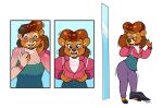  2021 anthro black_nose blackshirtboy blush bottomwear breasts brown_body brown_fur clothing disney female fur hand_on_breast hi_res human human_to_anthro looking_at_viewer mammal mirror pants rebecca_cunningham smile species_transformation surprise talespin tf_into_fictional_character transformation ursid 