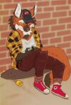  anthro baseball_cap black_body black_fur bottomwear brick_wall canid canine cigarette clothed clothing denim denim_clothing facial_piercing female flannel flannel_shirt fur hat headgear headwear holding_object holding_phone jax_(yeen.queen) jeans looking_at_object looking_at_phone mammal maned_wolf midnight_arr multicolored_body nonbinary_(lore) nose_piercing nose_ring orange_body orange_eyes orange_fur pants phone piercing septum_piercing sitting skateboard skater smoking solo tomboy torn_bottomwear torn_clothing wall_(structure) white_body white_fur 