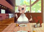  anthro big_breasts blush breast_rest breasts cutlery female food fork furniture hi_res hissmiss kitchen_utensils legendary_pok&eacute;mon mew nintendo pink_body pok&eacute;mon pok&eacute;mon_(species) solo table tools video_games 