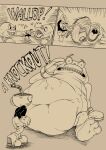  abdominal_bulge accidental_vore amphibian anthro belly big_belly bottomwear boxing_gloves clothing cuphead_(character) cuphead_(game) footwear frog group handwear hi_res lordweegee64 male milk open_mouth oral_vore shocked_expression shoes shorts straw text video_games vore 