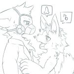  &lt;3 1:1 4_fingers anthro bedroom_eyes blush bodily_fluids breath canid canine canis changed_(video_game) chest_tuft clothing coat dr._k_(changed) drooling duo fingers fur gas_mask gender_symbol genitals hair head_tuft hi_res inner_ear_fluff inviting koshian lab_coat lin_(changed) male male/male male_symbol mammal mask narrowed_eyes neck_tuft open_mouth panting penis saliva seductive shoulder_tuft simple_background speech_bubble sweat symbol topwear tuft white_background white_body white_fur wolf 