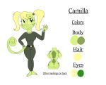  2_toes 5_fingers anthro big_butt blonde_hair breasts butt camilla_(kendraeevee) chameleon curled_tail english_text fan_character feet female fingers green_body green_eyes green_scales hair hi_res kendratheshinyeevee lizard markings model_sheet pigtails reptile saurian_(disambiguation) scales scalie small_breasts solo spots spotted_markings text toes twintails_(hairstyle) wide_hips yellow_sclera 