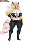  anthro big_breasts breasts cleavage clothed clothing female girlsay hair hand_on_hip hi_res mega_ampharos mega_evolution multicolored_body nintendo pok&eacute;mon pok&eacute;mon_(species) simple_background solo two_tone_body video_games white_background white_hair 