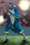  2:3 absurd_res anthro avian ball beak bird_feet blitz_(disambiguation) blitz_the_seahawk blue_body blue_feathers claws feathers flaccid football_(ball) genitals grey_body grey_feathers hi_res humanoid_genitalia hybrid looking_away male mascot nfl nude nyrox penis public public_nudity seahawk seatle seattle_seahawks solo standing tail_feathers 