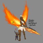  &lt;3 1:1 absurd_res angel armor clothing dark_body dark_skin duo english_text exscinder_archon female fire flaming_wings footwear halo heart_reaction hi_res humanoid male medicinal_succ melee_weapon mouthless nipples pathfinder sandals scale_knight_(medicinalsucc) scales sword text thick_thighs toga weapon wings 