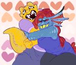  &lt;3 &lt;3_eyes alphys anthro anthro_on_anthro blue_body blue_scales bottomwear breasts clothed clothing dinosaur duo embrace eyes_closed female female/female fin fish front_view fully_clothed hair happy head_fin hug leaning leaning_forward long_hair marine megalogrowmon non-mammal_breasts open_mouth overbite panic pants red_hair reptile romantic romantic_couple scales scalie sharp_teeth shirt simple_background skirt smile tank_top teeth thick_tail thick_thighs tight_hug topwear torn_fin undertale undertale_(series) undyne video_games yellow_body yellow_scales 