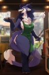  2021 anthro apron apron_only bookshelf breasts chair cleavage clothed clothing detailed_background dragon ear_piercing ear_ring female fur furgonomics furniture furred_dragon green_apron hi_res horn_jewelry i_mean_breast_milk ingi inside kemono long_whiskers meme mostly_nude multicolored_body multicolored_fur piercing purple_body purple_fur ryuingi_(character) signature solo two_tone_body two_tone_fur whiskers white_body white_fur 