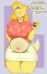  absurd_res animal_crossing anthro big_breasts bottomwear breasts canid canine canis clothing dialogue domestic_dog drunk english_text female hi_res isabelle_(animal_crossing) mammal nintendo pencil_skirt potbelly princess_samoyed shih_tzu skirt solo speech_bubble substance_intoxication text thick_thighs toy_dog video_games wide_hips 