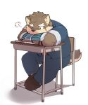 anthro armor belt book bracers canid canine canis clothing desk domestic_dog eyebrows furniture hi_res kemono lifewonders male mammal moritaka multicolored_body obese one_eye_closed orangetaming overweight scar school_uniform sigh sitting solo thick_eyebrows tokyo_afterschool_summoners two_tone_body uniform video_games 