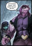 2021 anthro armband batman_(series) clothed clothing dc_comics deltarune dialogue dinosaur dumdusty duo english_text female hair human humor kris_(deltarune) kris_where_are_we long_hair male mammal meme muscular muscular_female name_in_dialogue profanity purple_body reptile scalie size_difference speech_bubble spiked_armband spikes susie_(deltarune) text this_is_where_i_watched_my_parents_die undertale_(series) video_games 