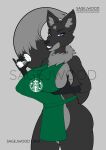  2021 absurd_res anthro apron apron_only breasts canid canine clothing female fox green_apron grey_background hand_on_breast hi_res i_mean_breast_milk mammal meme mostly_nude sage_(sagejwood) sagejwood simple_background solo 