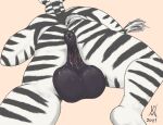  2021 anthro anus balls big_balls black_and_white_fur black_anus black_balls black_body black_fur bodily_fluids clitoral_hood clitoris donut_anus equid equine from_behind_position fur genital_fluids genitals herm intersex lying mammal mane nostracon on_front pink_pussy puffy_anus pussy pussy_juice rear_view sex signature simple_background solo striped_body striped_fur stripes tail_tuft tuft white_body white_fur zebra 