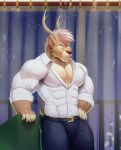  5_fingers anthro antlers big_pecs cervid clothing eyes_closed fingers front_view fur hair hi_res horn humanoid joey_(jolastuco) male mammal manly muscular night pecs primodrago showing_teeth smile snout solo standing unbuttoned_shirt white_hair 