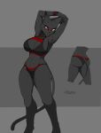  6ironknight9 absurd_res anthro armwear big_breasts black_body black_fur bra breasts butt clothing death_sight domestic_cat fan_character felid feline felis female fur glowing glowing_eyes hi_res looking_away mammal red_eyes simple_background solo sports_bra standing underwear 