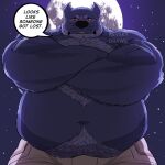  1:1 2021 anthro belly big_belly big_muscles body_hair bottomwear bowers_(kevsky) canid canine canis chest_hair clothed clothing crossed_arms dialogue english_text full_moon fur happy_trail hi_res kevsky_draws looking_at_viewer low-angle_view male mammal mature_anthro mature_male moon musclegut muscular muscular_anthro muscular_male navel night outside overweight overweight_anthro overweight_male pants pubes sky solo standing star starry_sky talking_to_viewer teeth text topless topless_male tuft vein were werecanid werecanine werewolf wolf 