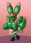  anthro areola big_breasts breasts cactus clothing dress elemental_creature exposed_breasts female flora_fauna flower gradient_background green_body hi_res huge_breasts hyper hyper_breasts nipples plant puffy_areola puffy_nipples simple_background solo sprucy waitress_outfit yellow_eyes 