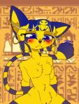  3:4 animal_crossing ankha_(animal_crossing) ankha_zone anthro crown domestic_cat ear_piercing egyptian felid feline felis female fluffy hieroglyphics male mammal narrowed_eyes nintendo piercing solo teasing video_games yarart 