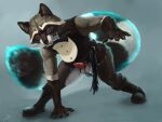  2021 4:3 anthro armor athletic balls clothed clothing dagger dimonis erection fluffy fluffy_tail fur genitals hi_res knife leather magic male mammal melee_weapon muscular nude penis pirate procyonid raccoon signature simple_background smile solo watermark weapon whip white_body white_fur 