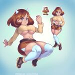  1:1 absurd_res big_breasts blue_background bottomwear breasts brown_hair clothed clothing female goomba hair hi_res horn horned_humanoid humanoid mario_bros nintendo simple_background skirt supersatanson text under_boob url video_games 