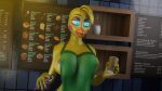  16:9 3d_(artwork) animatronic anthro big_breasts blue_eyes breasts butt digital_media_(artwork) english_text female five_nights_at_freddy&#039;s five_nights_at_freddy&#039;s_2 green_apron hi_res i_mean_breast_milk looking_at_viewer machine magniym meme ordering_food robot solo starbucks text toy_chica_(fnaf) video_games waiter widescreen yellow_body 