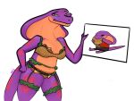  bra breasts burger burger_lingerie clothed clothing cobra eating female food food_costume hi_res humor keeshee looking_at_viewer meme meme_clothing ncs purple_body reptile scalie signature simple_background sitting smug snake snake_hood solo spots toony underwear white_background 